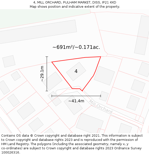 4, MILL ORCHARD, PULHAM MARKET, DISS, IP21 4XD: Plot and title map