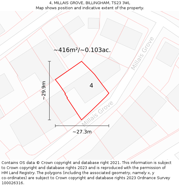 4, MILLAIS GROVE, BILLINGHAM, TS23 3WL: Plot and title map