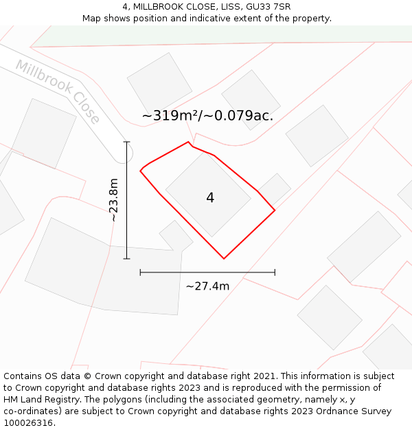 4, MILLBROOK CLOSE, LISS, GU33 7SR: Plot and title map