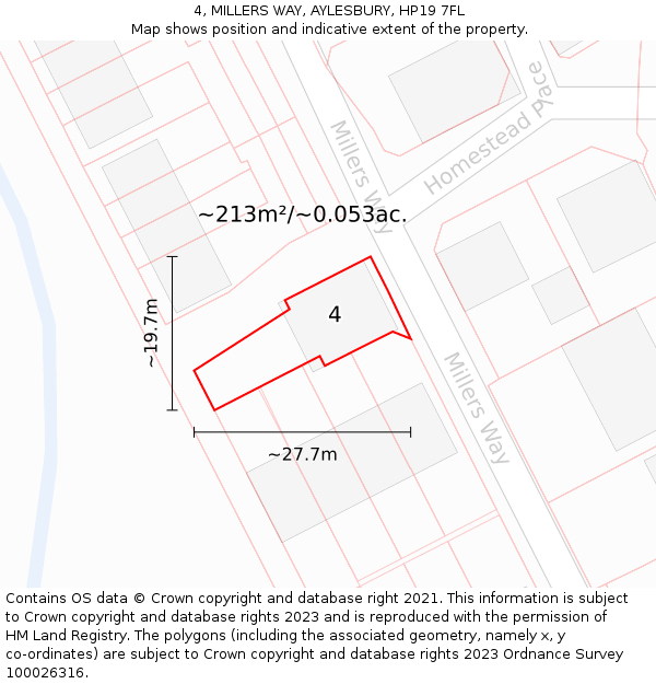 4, MILLERS WAY, AYLESBURY, HP19 7FL: Plot and title map