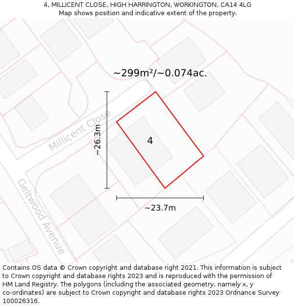 4, MILLICENT CLOSE, HIGH HARRINGTON, WORKINGTON, CA14 4LG: Plot and title map