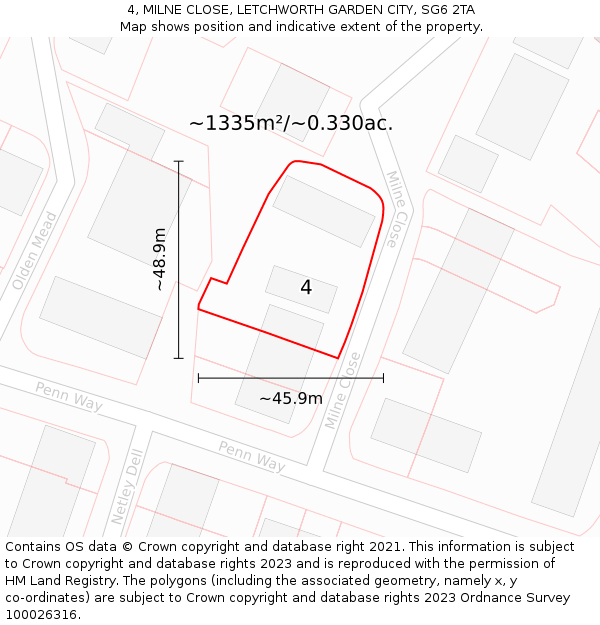 4, MILNE CLOSE, LETCHWORTH GARDEN CITY, SG6 2TA: Plot and title map