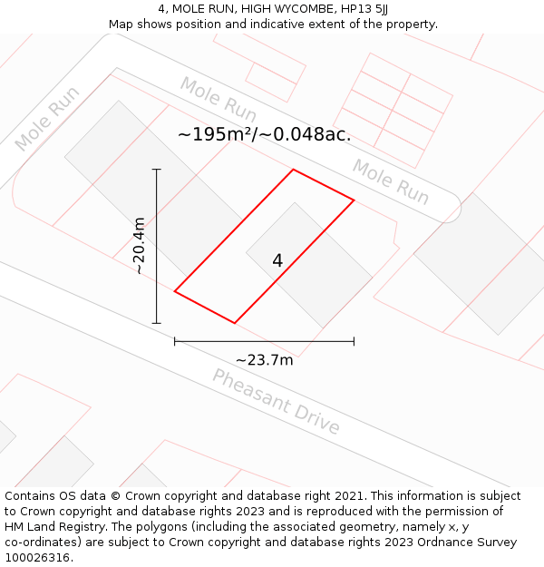 4, MOLE RUN, HIGH WYCOMBE, HP13 5JJ: Plot and title map