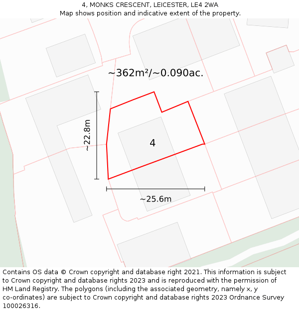 4, MONKS CRESCENT, LEICESTER, LE4 2WA: Plot and title map
