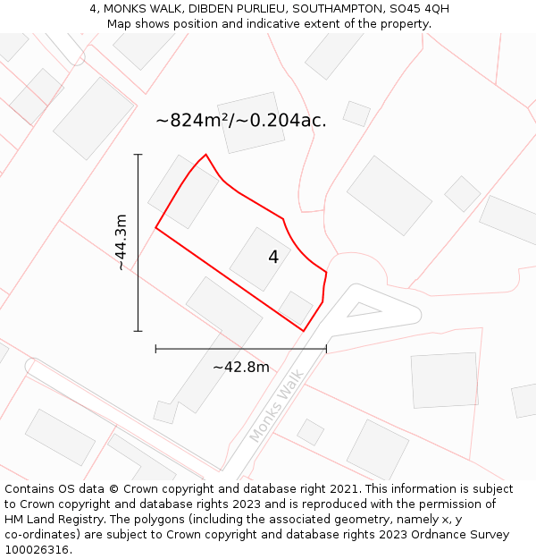 4, MONKS WALK, DIBDEN PURLIEU, SOUTHAMPTON, SO45 4QH: Plot and title map