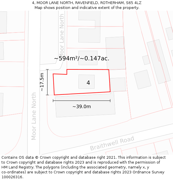 4, MOOR LANE NORTH, RAVENFIELD, ROTHERHAM, S65 4LZ: Plot and title map