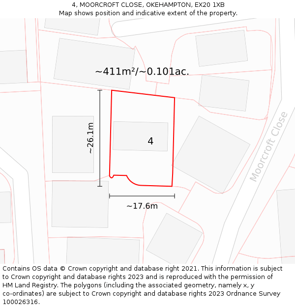 4, MOORCROFT CLOSE, OKEHAMPTON, EX20 1XB: Plot and title map