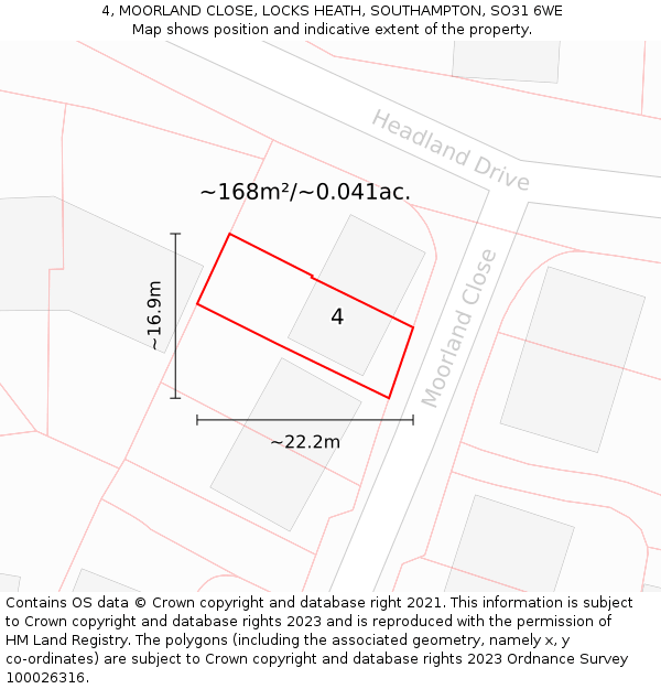 4, MOORLAND CLOSE, LOCKS HEATH, SOUTHAMPTON, SO31 6WE: Plot and title map