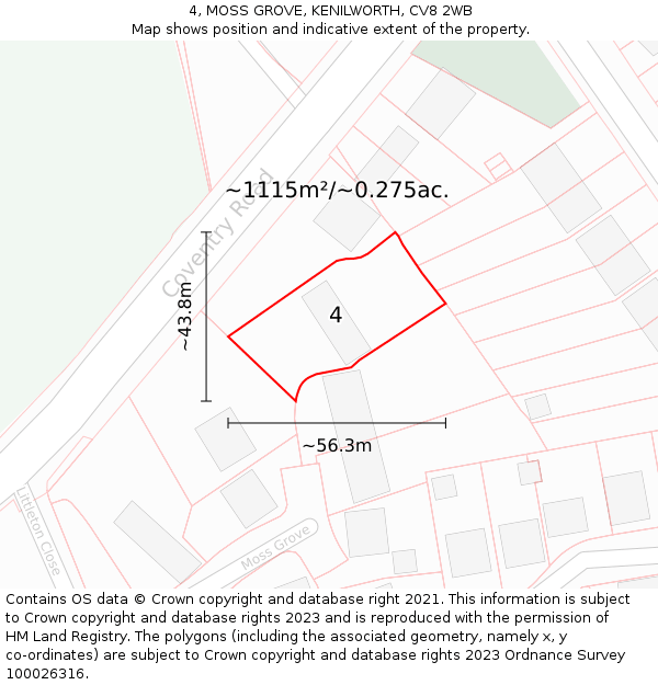 4, MOSS GROVE, KENILWORTH, CV8 2WB: Plot and title map