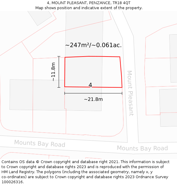 4, MOUNT PLEASANT, PENZANCE, TR18 4QT: Plot and title map