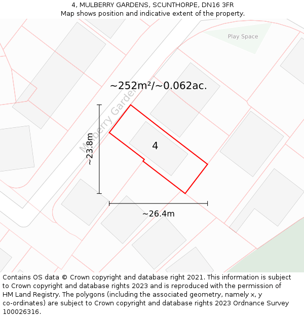 4, MULBERRY GARDENS, SCUNTHORPE, DN16 3FR: Plot and title map