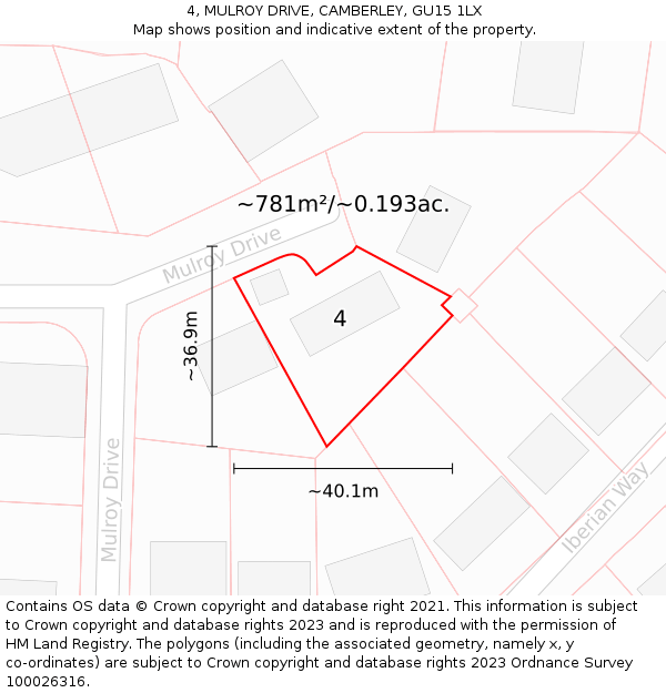 4, MULROY DRIVE, CAMBERLEY, GU15 1LX: Plot and title map