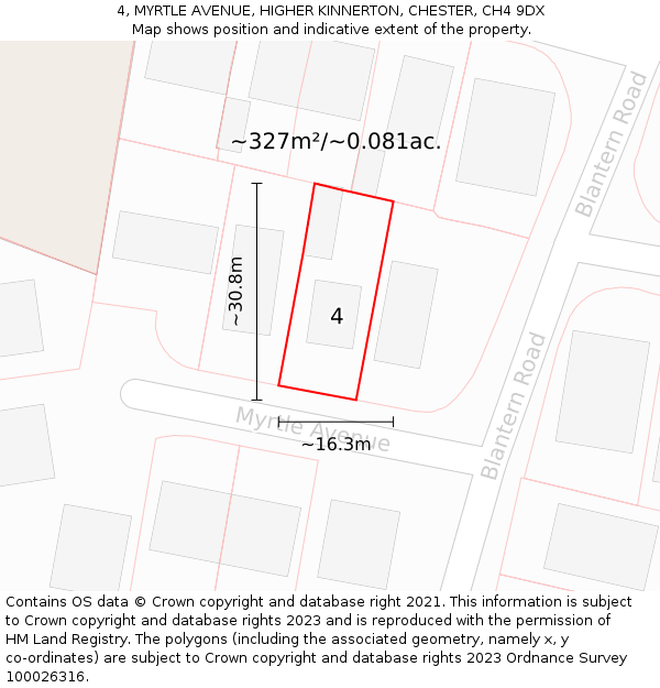 4, MYRTLE AVENUE, HIGHER KINNERTON, CHESTER, CH4 9DX: Plot and title map