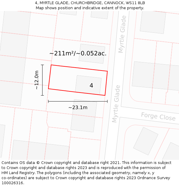 4, MYRTLE GLADE, CHURCHBRIDGE, CANNOCK, WS11 8LB: Plot and title map