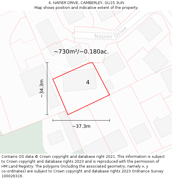 4, NAPIER DRIVE, CAMBERLEY, GU15 3UN: Plot and title map