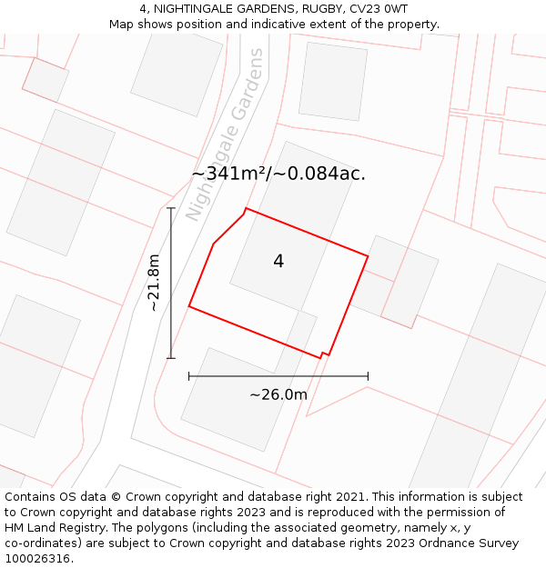 4, NIGHTINGALE GARDENS, RUGBY, CV23 0WT: Plot and title map