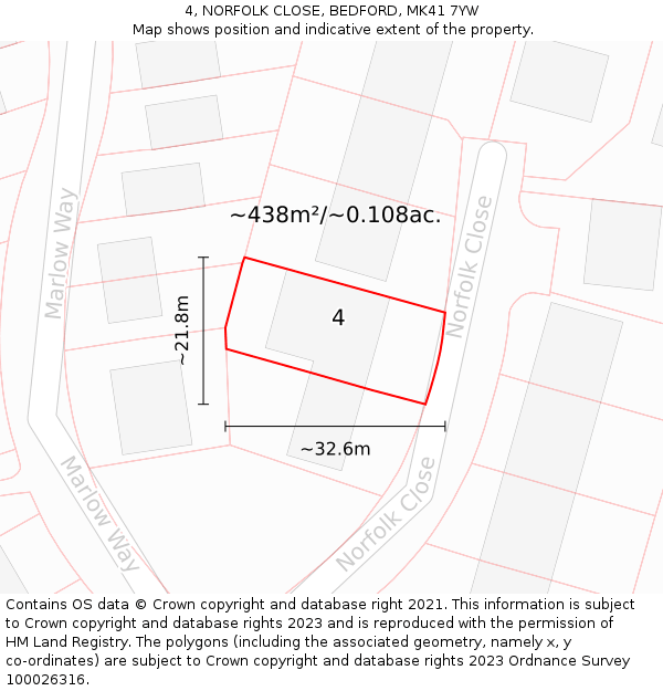 4, NORFOLK CLOSE, BEDFORD, MK41 7YW: Plot and title map