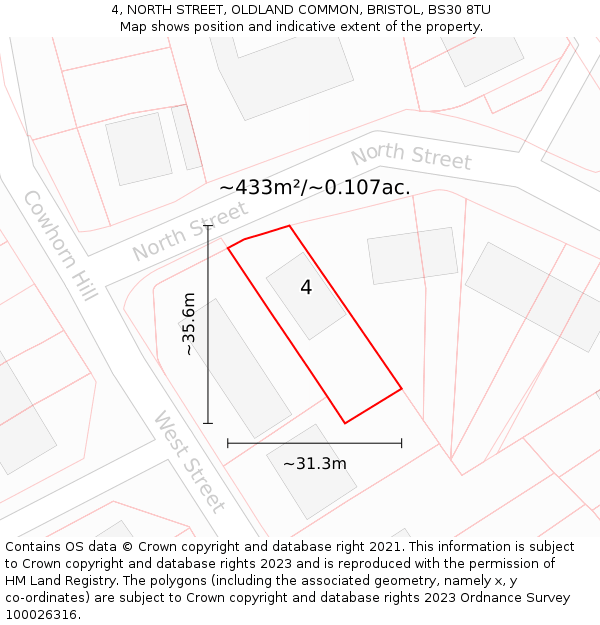 4, NORTH STREET, OLDLAND COMMON, BRISTOL, BS30 8TU: Plot and title map