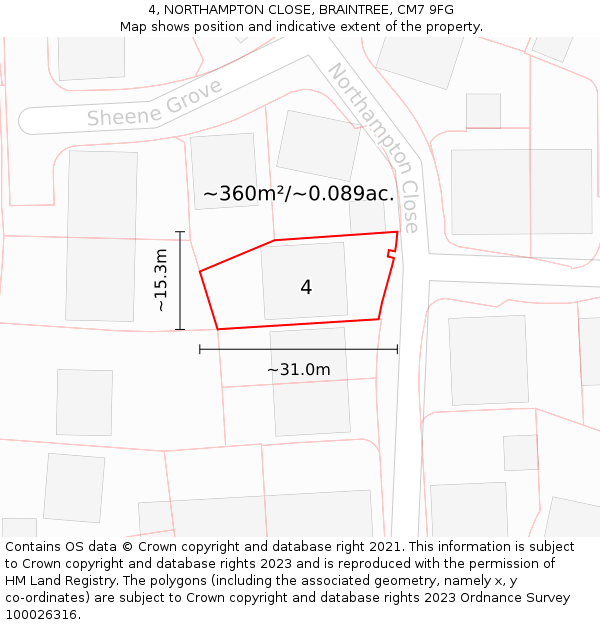 4, NORTHAMPTON CLOSE, BRAINTREE, CM7 9FG: Plot and title map