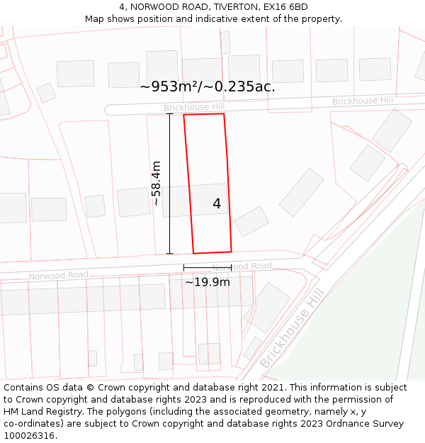 4, NORWOOD ROAD, TIVERTON, EX16 6BD: Plot and title map