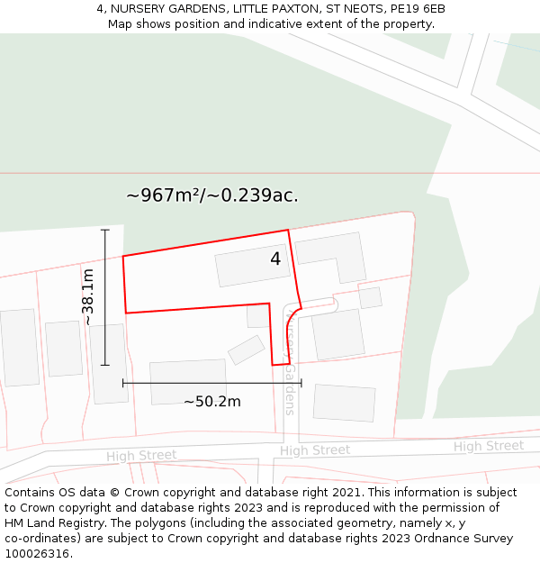 4, NURSERY GARDENS, LITTLE PAXTON, ST NEOTS, PE19 6EB: Plot and title map