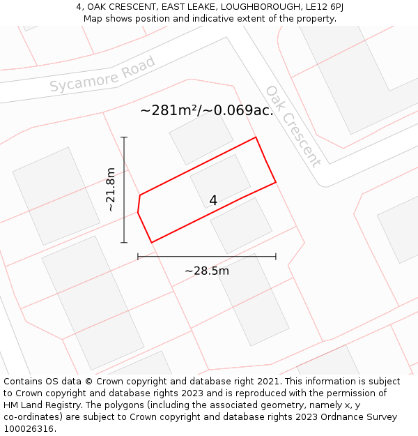 4, OAK CRESCENT, EAST LEAKE, LOUGHBOROUGH, LE12 6PJ: Plot and title map