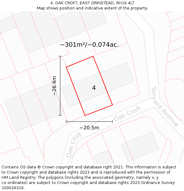 4, OAK CROFT, EAST GRINSTEAD, RH19 4LT: Plot and title map