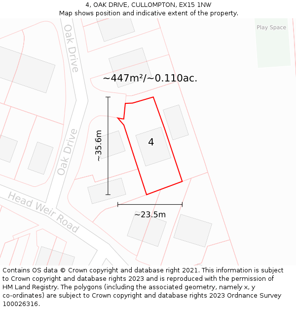 4, OAK DRIVE, CULLOMPTON, EX15 1NW: Plot and title map