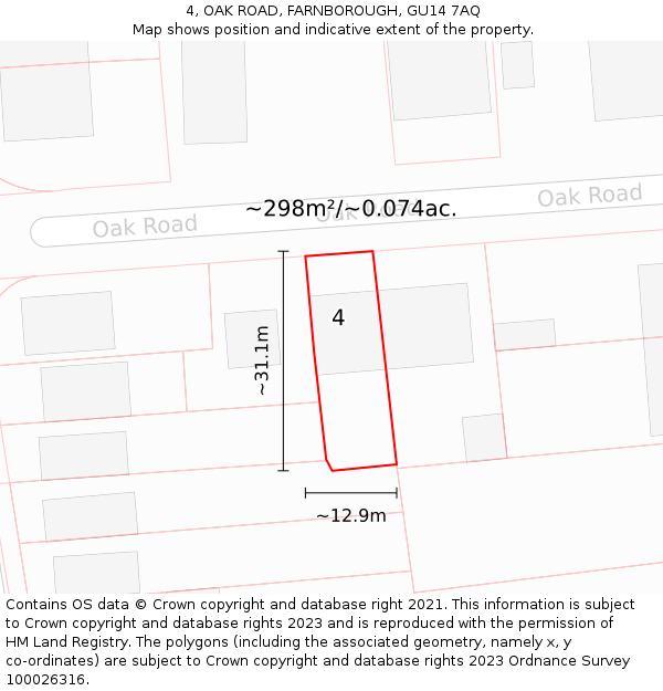 4, OAK ROAD, FARNBOROUGH, GU14 7AQ: Plot and title map