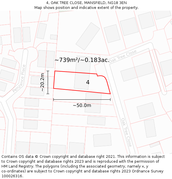 4, OAK TREE CLOSE, MANSFIELD, NG18 3EN: Plot and title map