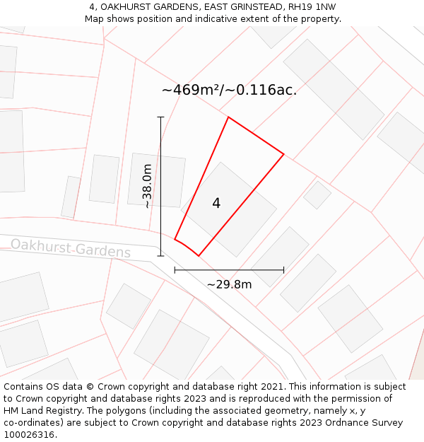 4, OAKHURST GARDENS, EAST GRINSTEAD, RH19 1NW: Plot and title map