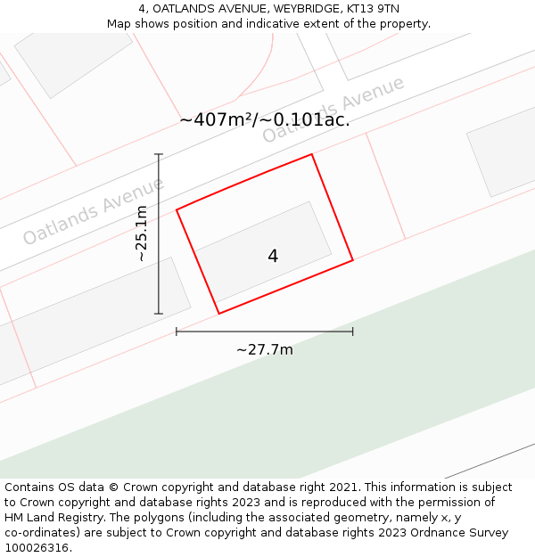 4, OATLANDS AVENUE, WEYBRIDGE, KT13 9TN: Plot and title map