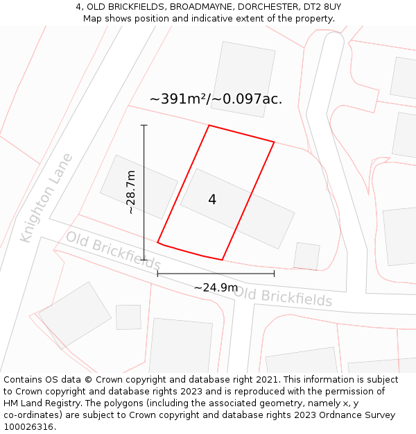 4, OLD BRICKFIELDS, BROADMAYNE, DORCHESTER, DT2 8UY: Plot and title map