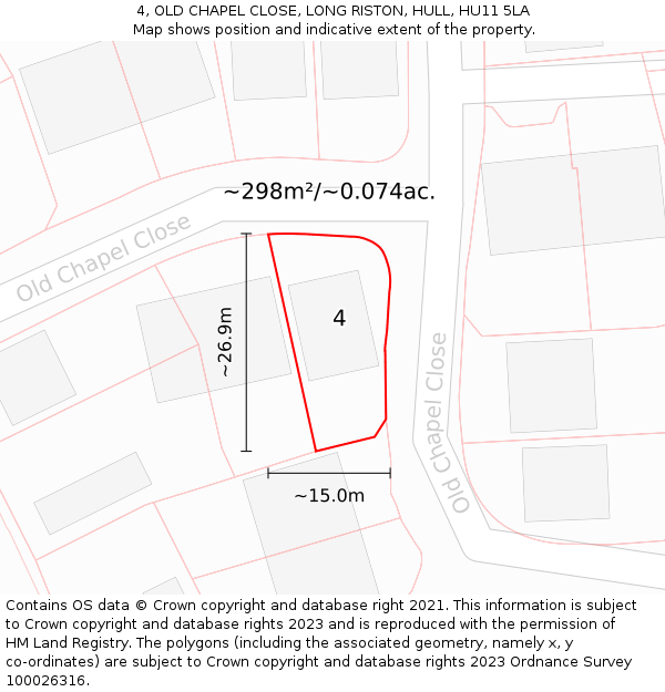 4, OLD CHAPEL CLOSE, LONG RISTON, HULL, HU11 5LA: Plot and title map