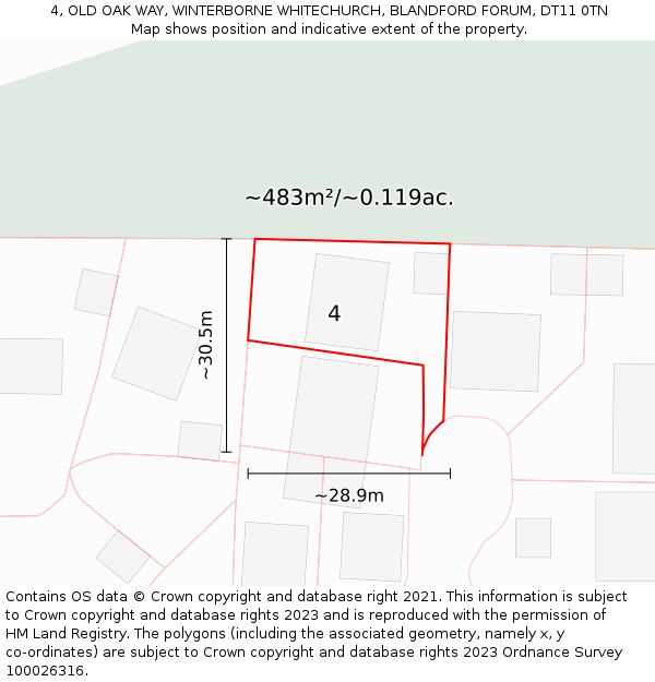 4, OLD OAK WAY, WINTERBORNE WHITECHURCH, BLANDFORD FORUM, DT11 0TN: Plot and title map