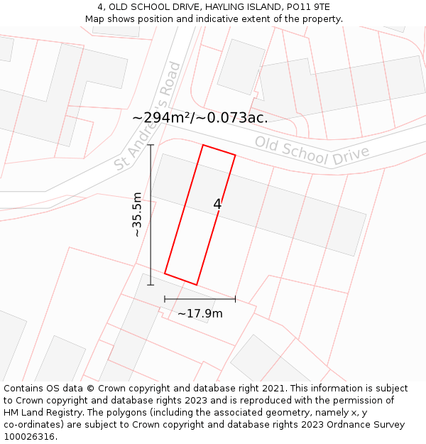 4, OLD SCHOOL DRIVE, HAYLING ISLAND, PO11 9TE: Plot and title map