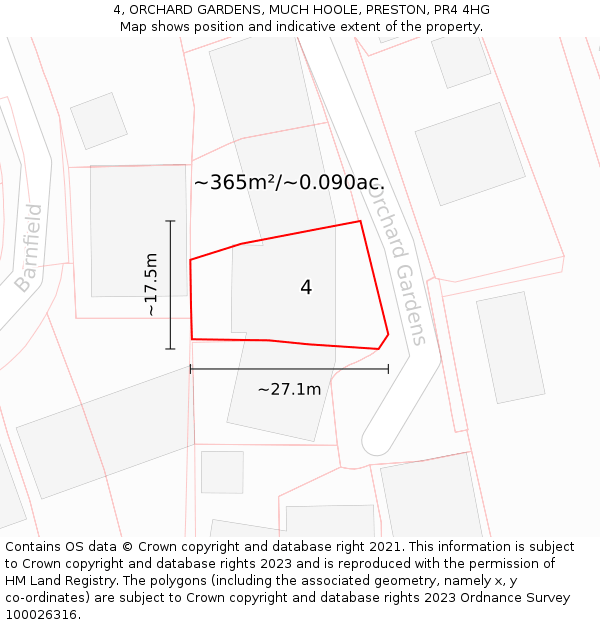 4, ORCHARD GARDENS, MUCH HOOLE, PRESTON, PR4 4HG: Plot and title map