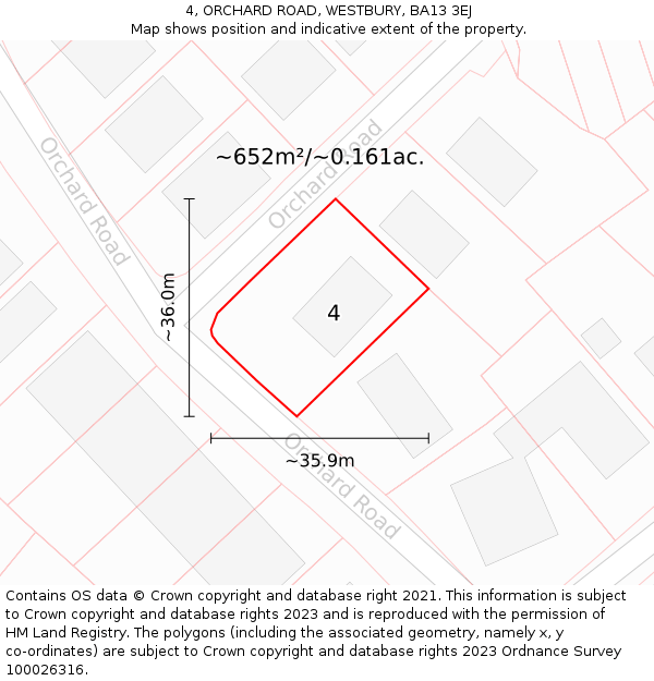 4, ORCHARD ROAD, WESTBURY, BA13 3EJ: Plot and title map