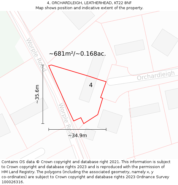 4, ORCHARDLEIGH, LEATHERHEAD, KT22 8NF: Plot and title map