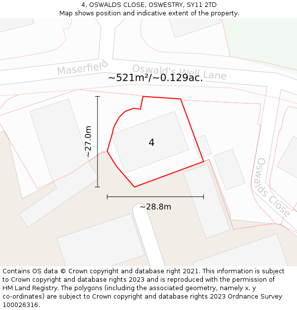 4, OSWALDS CLOSE, OSWESTRY, SY11 2TD: Plot and title map