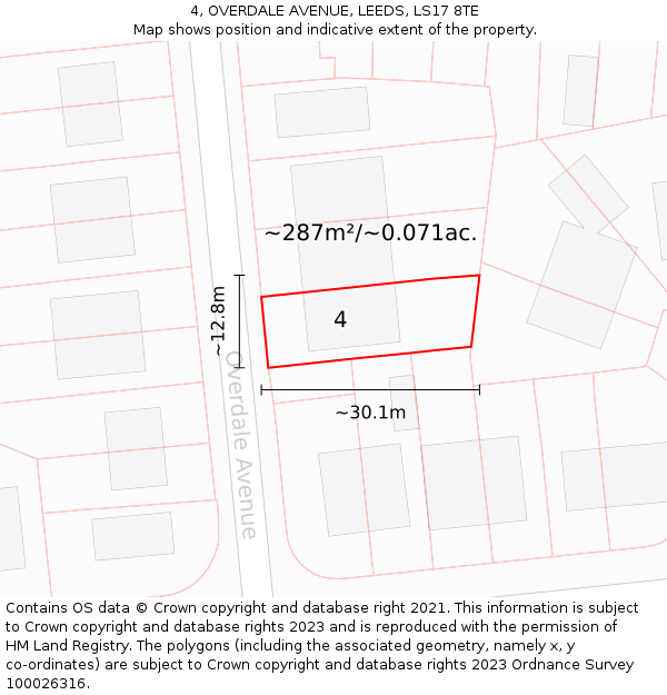 4, OVERDALE AVENUE, LEEDS, LS17 8TE: Plot and title map