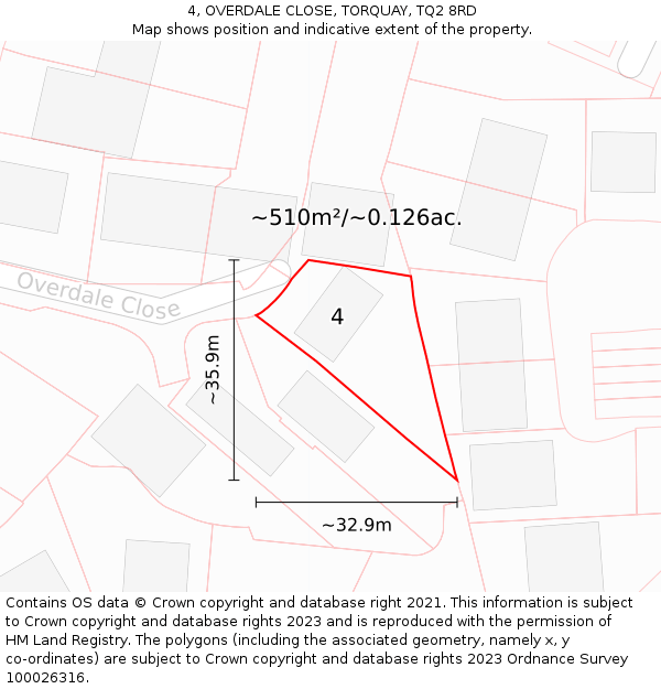 4, OVERDALE CLOSE, TORQUAY, TQ2 8RD: Plot and title map