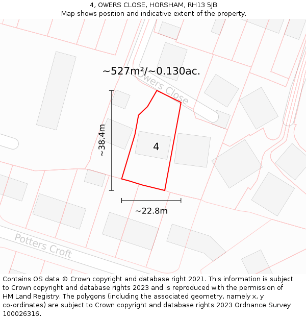 4, OWERS CLOSE, HORSHAM, RH13 5JB: Plot and title map