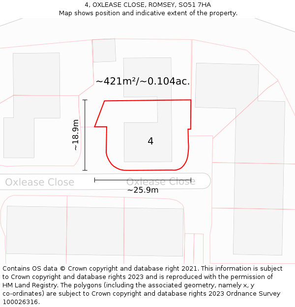 4, OXLEASE CLOSE, ROMSEY, SO51 7HA: Plot and title map