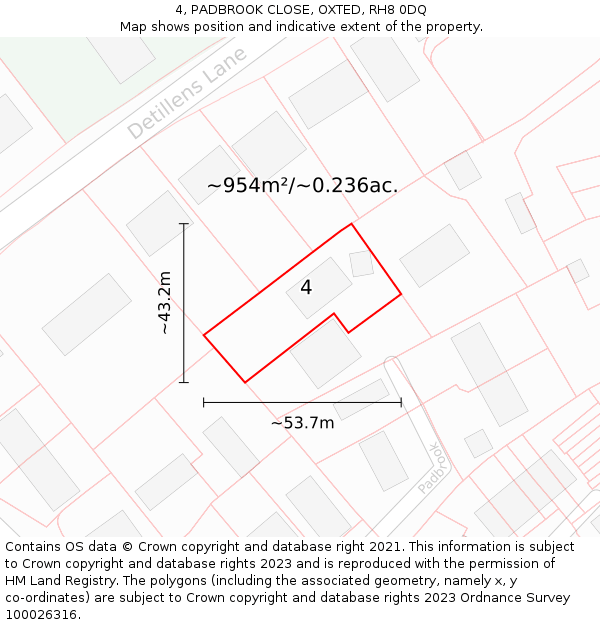 4, PADBROOK CLOSE, OXTED, RH8 0DQ: Plot and title map