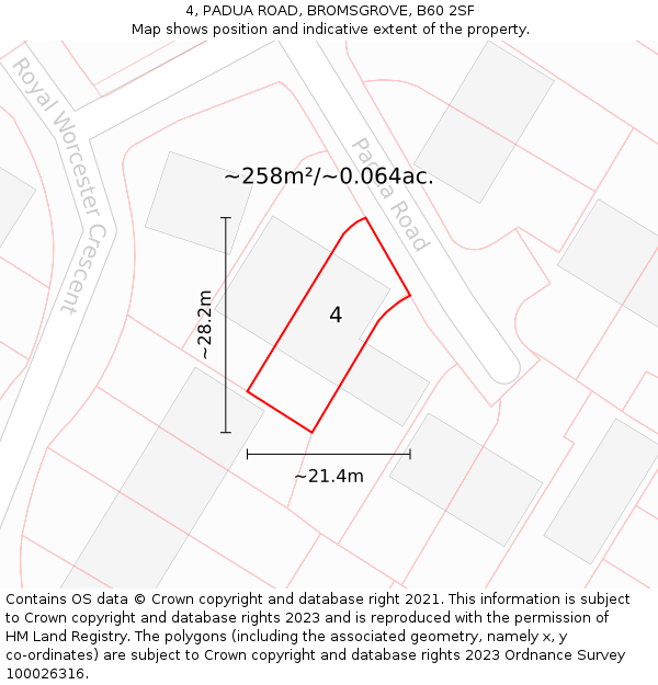 4, PADUA ROAD, BROMSGROVE, B60 2SF: Plot and title map