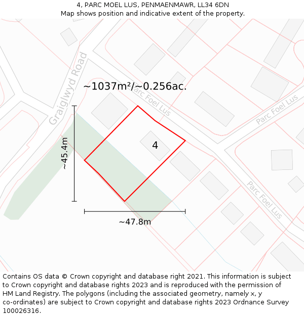 4, PARC MOEL LUS, PENMAENMAWR, LL34 6DN: Plot and title map