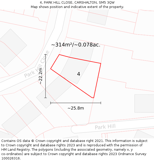 4, PARK HILL CLOSE, CARSHALTON, SM5 3QW: Plot and title map