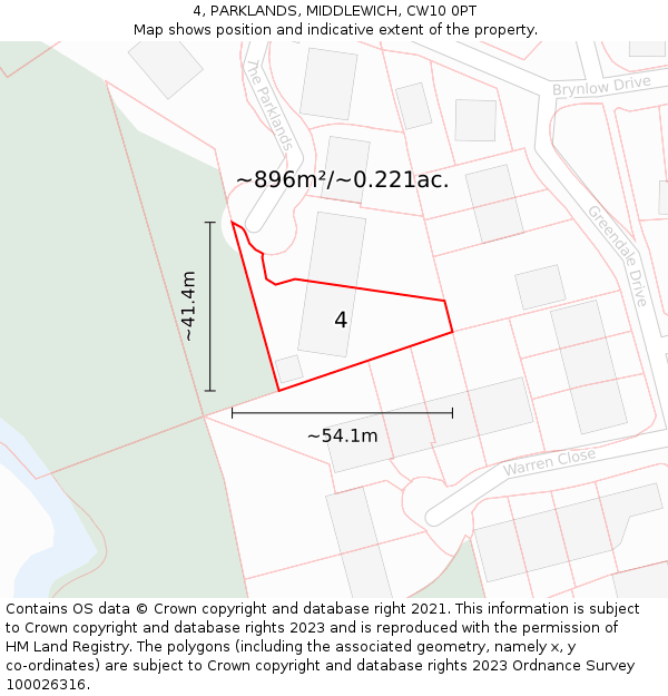 4, PARKLANDS, MIDDLEWICH, CW10 0PT: Plot and title map