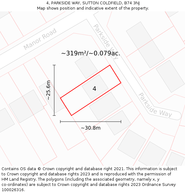 4, PARKSIDE WAY, SUTTON COLDFIELD, B74 3NJ: Plot and title map